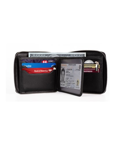 Buy Zipper Wallet for Men Genuine Leather Bifold  Multi Card Holder Rfid Protected Black in UAE