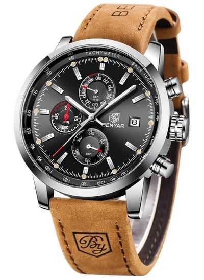 Buy Watches for Men Luxury Quartz Water Resistant Watch Men's Chronograph Genuine Leather Strap 5102 Brown in UAE