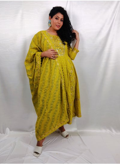 Buy PRIYA'S PANACHE Designer Cotton Yellow Anarkali Kurta Pant Dupatta Set - Designer Festival Traditional Ethnic Indian Partywear For Women in UAE