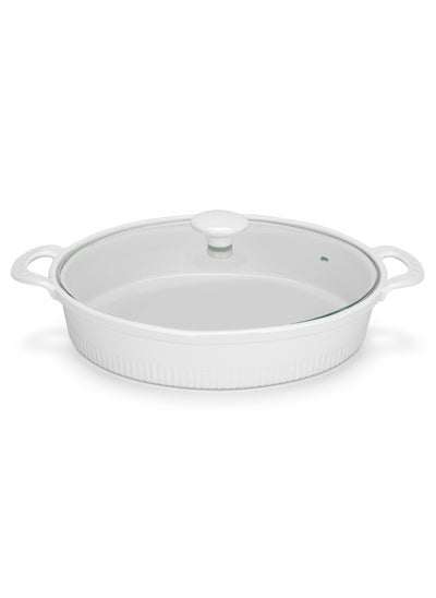 Buy Fissman Oval Baking Dish with Glass Lid 1.6L, Porcelain Baking Dish with Handle 26.5x22.5x6cm | Bakeware Dish for Servings, Baking | Oven and Dishwasher Safe in UAE