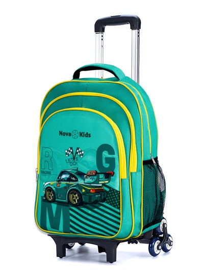 اشتري Set Of 5 Trolley School Bag, Lunch Bag, Pencil Pouch, Lunch Box, Water Bottle - 16 Inches - Car Racing - Green في الامارات