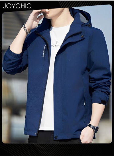 Buy Solid Pattern Spring and Autumn Men Jacket Hooded Casual Sports Windproof Zipper Coat with Cap Outdoor Blue in UAE