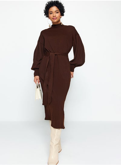 Buy Brown Belted Half Turtleneck Balloon Sleeve Knitwear Dress TCTAW24EB00023 in Egypt