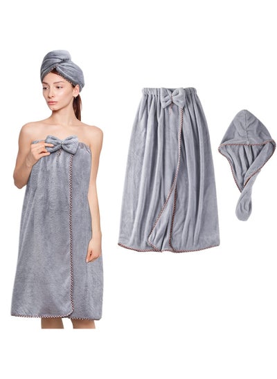 اشتري Women Bath Wrap Hair Towel, Adjustable Luxury Microfiber Soft Towels, Soft Body Wraps Dress with Hair Towel, for Shower After Body Cover, Super Absorbent to Quick Drying Hair and Body (Grey) في السعودية