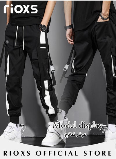 Buy Men's Fashion Characteristic Street Cargo Pants Teens Elastic Waist Downstring Jogger Pants With Multi Pockets and Ribbons in Saudi Arabia