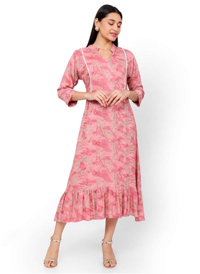 Buy SHORT MARBLE PRINT SEMI COLLARED PINK COLOUR ARABIC KAFTAN JALABIYA DRESS in Saudi Arabia