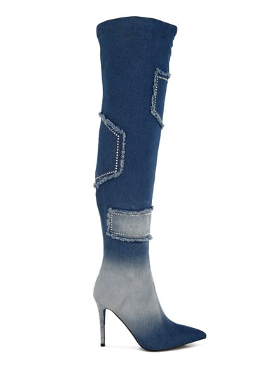 Buy Rhinestones Knee High Denim Boots in Dark Blue in UAE