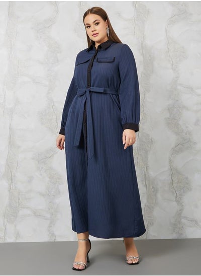 Buy Textured A-Line Maxi Dress with Tie Belt in Saudi Arabia