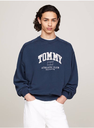 Buy Men's Varsity Garment Dyed Boxy Sweatshirt -  Pure cotton terry, Navy in UAE