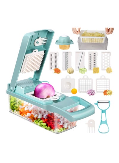 اشتري 14 in 1 Vegetable Chopper, Multifunctional Mandoline Slicer Dicer Household Kitchen Manual Julienne Grater Cutter for Onion, Garlic, Carrot, Potato, Fruit, Salad Blue في السعودية