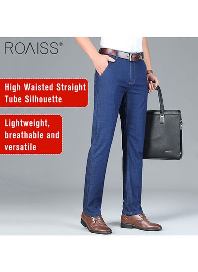 Buy Spring/summer Lightweight Fit Straight Men's Jeans Classic Business Clothes Thin Cotton Elastic High Waist Casual Trousers in Saudi Arabia