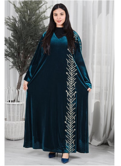 Buy Blue velvet galabiya decorated with gold embroidery in Saudi Arabia