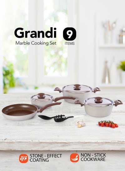 Buy 9-Piece Non-Stick Cookware Set Aluminum Pots And Pans Non-Stick Surface Bakelite Handle Stainless Steel Lids PFOA Free Brown and beige granite  20-24+24+18 cm in Saudi Arabia