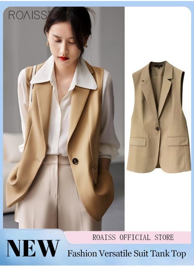 Buy Women'S Fashion Casual Blazer Vest Classic V-Shaped Lapel Sleeveless Design Side Flap Pockets With Button Closure in UAE