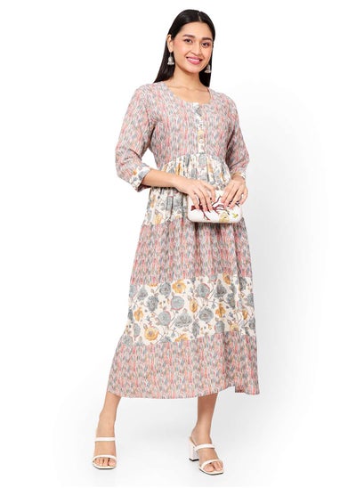 Buy MULTICOLOUR FLORAL AND SMALL STRIP PRINTED WITH STYLED BUTTONED ON FRONT ARABIC KAFTAN JALABIYA DRESS in Saudi Arabia