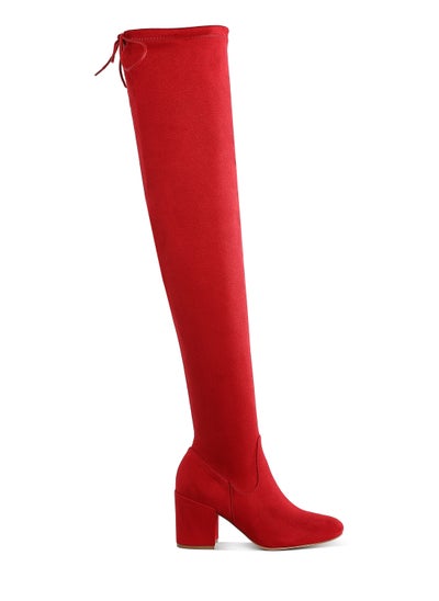 Buy Minimal Drawstring Detail Knee-High Boots in Red in UAE