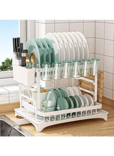 Buy 2 Tier Stainless Utensil Holder and Cutting Board Holder Steel Dish Racks with Drainage White in UAE