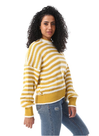 Buy Slip On Striped Knitted Pullover_Mustard & White in Egypt