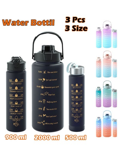 Buy 3Pcs Sports Water Bottle With Straw 2L 900ml And 500ml Made of high quality plastic Drinking BPA Free Non Toxic With Sports Drinks Time Markings Motivational Fitness in UAE