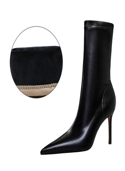 اشتري Simple Pointed Flock Lined  High Heel Boots 7.5CM Black في الامارات