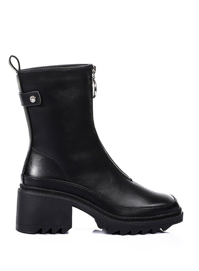 Buy Front Zipper Plain Black Casual Leather Boots in Egypt