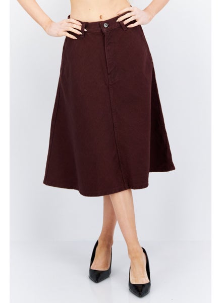 اشتري Women Textured Midi Denim Skirts, Burgundy في الامارات