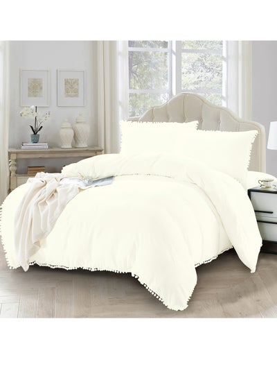 Buy Duvet Set 4-Pcs Double Size Ruffled Super Soft Solid Comforter Cover Without Filler With Hidden Zipper Closure and Corner Ties Ivory in Saudi Arabia