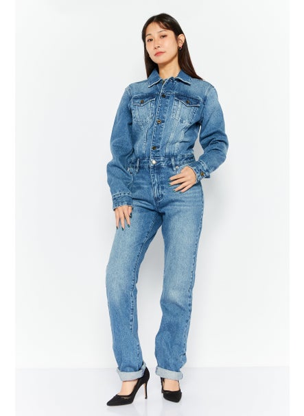 Buy Women Long Sleeve Wash Denim Jumpsuits, Blue in UAE