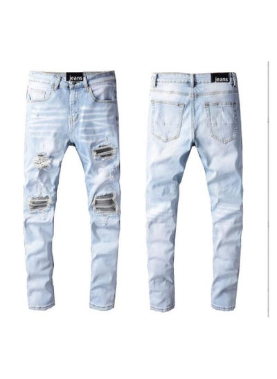 Buy High Street Trend Light Blue Broken Hole Jeans with Men's Patches Embroidered Flower Patch for Slim Fit in UAE