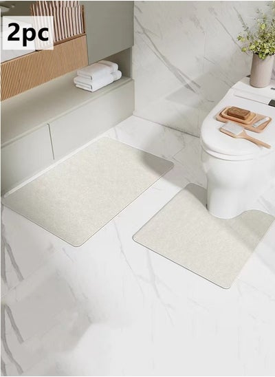 Buy 2-Pieces Diatom Mud Bathmat Set Bathroom Absorbent Anti-Slip Rugs Toilet Mat Cream Colored 60X40 and 50x50 cm in UAE