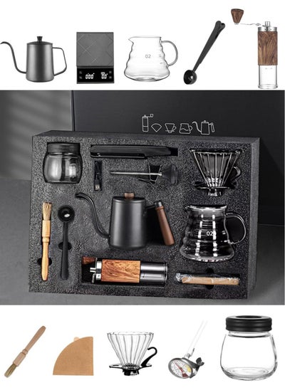 Buy 8 Pcs Portable Drip Coffee Kit Maker Hand Coffee Gift Set Mannal Grinder Dripper Coffee Kettle Spoon Paper Filter and Timed Weighing Electronic Scale in Saudi Arabia