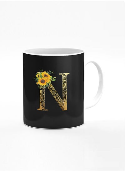 Buy Designer Printed Coffee Mug 11oz Ceramic Personalised Gift Mugs Cup Custom Monogram Initial Letter Mandala Floral Pattern Alphabet N (Black) in UAE