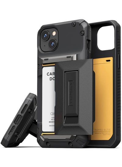 اشتري Damda Glide Hybrid iPhone 15 PLUS Case Cover Wallet with Semi Automatic Credit Card Holder Slot [3-4 Cards] & Kickstand - Black Groove في الامارات