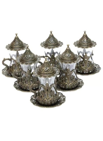 Buy Turkish Arabic Tea Cup Set of 6 with Saucers and Holders - Handmade Antique Bronze Luxury Set in Saudi Arabia