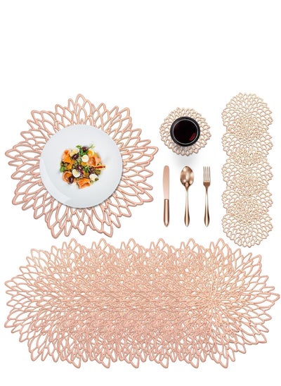 اشتري Round Placemats Set of 6 for Dinner Table Hollow-Out Vinyl Place Mats Vinyl Round Placemats Laminated Plastic Morden Dining Table Decoration for Kitchen Table Decor (Rose Gold) في الامارات