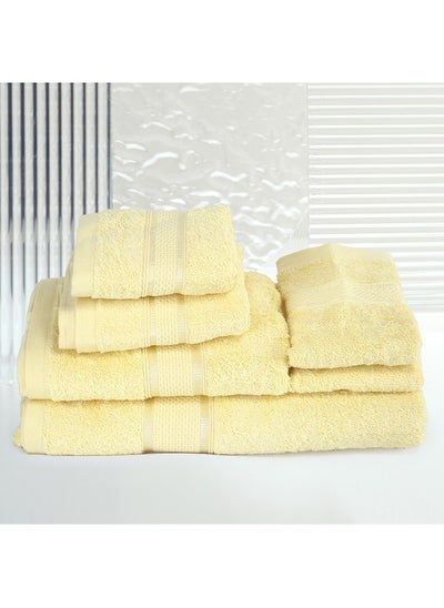 اشتري 6 Pcs ALEZAYA Dyed Towel set 500 GSM 100% Cotton Terry Viscose Border 1 Bath Towel 70x140 cm 1 Hand Towel 50x90 cm 1 Guest Towel 40x60 cm & 1 Baby Towel 30x50 cm & 2 Face Towel 33x33 cm Yellow Color في الامارات