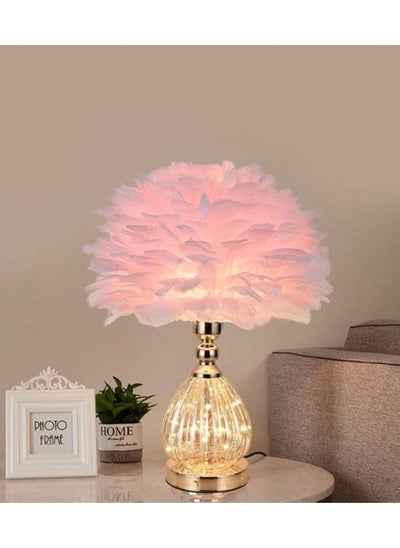 Buy Natural Feather Table Lamp Bedside Desk White Lampshade For Bedroom Foyer Living Reading Room Decorations with LED Light in UAE