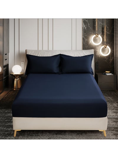 اشتري Bedding Fitted Sheet 3-Pcs Super King Size Solid Bed Sheet Set Fits(200x200CM) With Pillowcases And 35 CM Extra Deep Brushed Microfiber Bed Sheet,Navy في الامارات