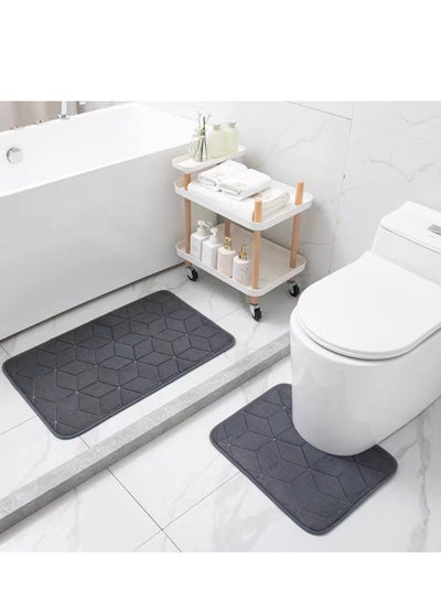 Buy 2-Pieces Coral Velvet Toilet Floor Mat Suit Bathroom Carpet Set Dark Grey 79x49 cm And 49x39 cm in UAE