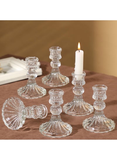 Buy Clear Candlestick Holders, 6 Pcs Elegant Glass Taper Candle Holders for Wedding, Party, Festival and Anniversary Table Decor in Saudi Arabia