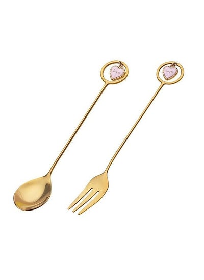 Buy Stirring Gold Spoon Fork For Coffee Ice Cream Dessert Cake Fruit Stainless Steel With Gift Box in Saudi Arabia