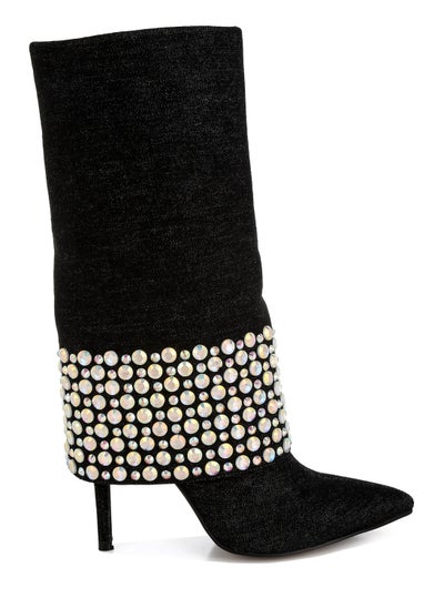 Buy Diamante & Rhinestones Denim Boots in Black in UAE