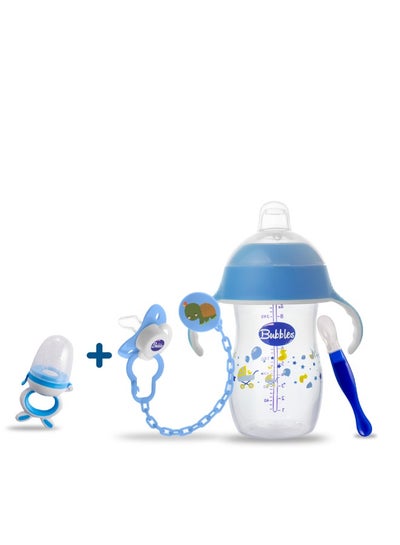 Buy 280 ml cup with 2 Teats Cup and Natural Nipple for 6 Months and Baby Silicone Soft Spoons and beveled pacifier +6 months with Chain, with Fruit Food Feeder teether Gift Blue Assorted in Egypt