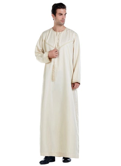 اشتري Mens Solid Color Round Collar Long Sleeve Abaya Robe Islamic Arabic Kaftan Beige في السعودية