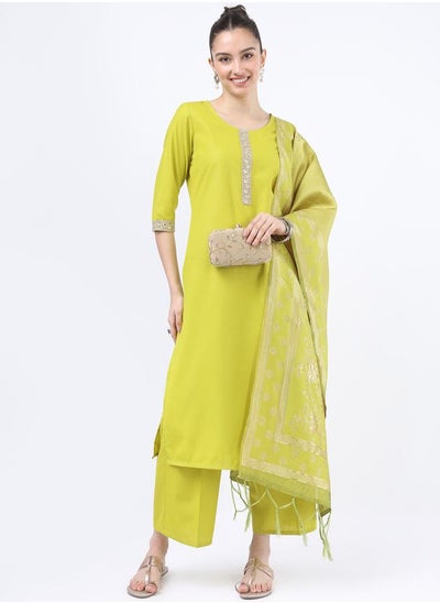 Buy Embroidered Lace Detail Kurta and Palazzo with Texture Tassel Trim Dupatta Set in Saudi Arabia