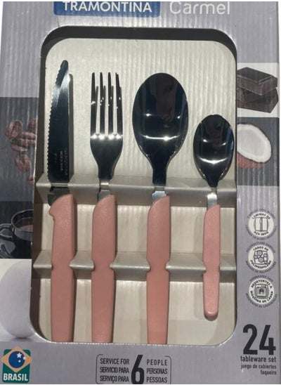 Buy Made Brazil Carmel 24 Pieces Stainless Steel Flatware Set with Pink Polypropylene Handles in UAE