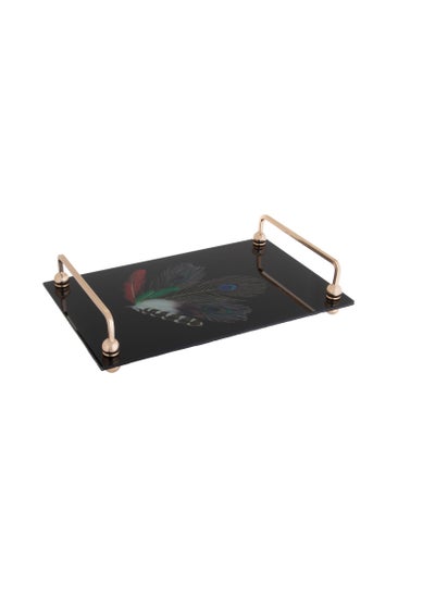 Buy glass serving tray with golden metal hand 34 cm in Saudi Arabia