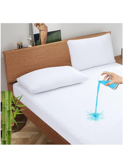 Buy Waterproof Mattress Protector Double 150x200cm Bamboo fiber Cotton Jersey+TPU Pad Cover for Pets Kids Adults Deep Pocket Style 100% Waterproof Mattress Protector Double Size White in UAE