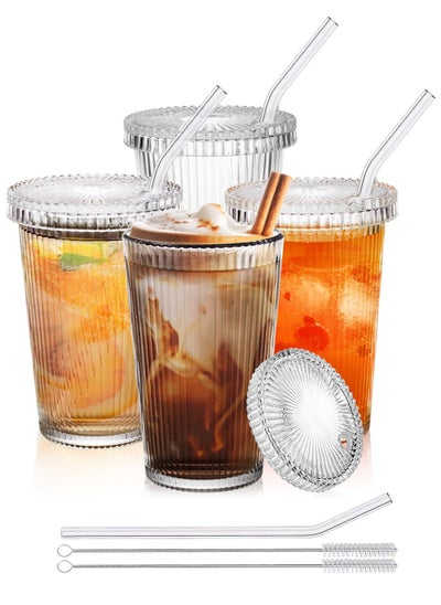 Buy 4 PCS Clear Glass Tumbler Stripe Glass Cup,12.7oz Coffee Cup With Lid and Straw Drinking Glasses for Iced Coffee ,Milk, Mocha,Tea,Juice, Water, Gift- with 2 Cleaning Brushe in UAE