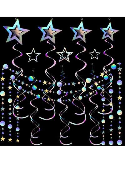 اشتري Party Supplies Kit, 37 Pieces Iridescent Holographic Hanging Bling Twinkle Star Galaxy, Garland Circle Dot Swirl Streamer Glitter Decorations for Wedding Disco Party Decorations في الامارات